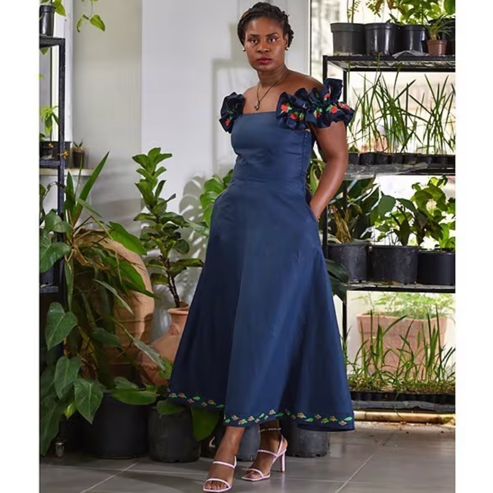 Fanm Mon Navy Midi Dress with Floral Accents